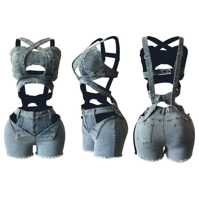 2 Piece Sets Women Denim Shorts Suit Sexy Vest Top Strap Backless Jeans Short Pants Pockets Outfits 2025 Streetwear Ensemble